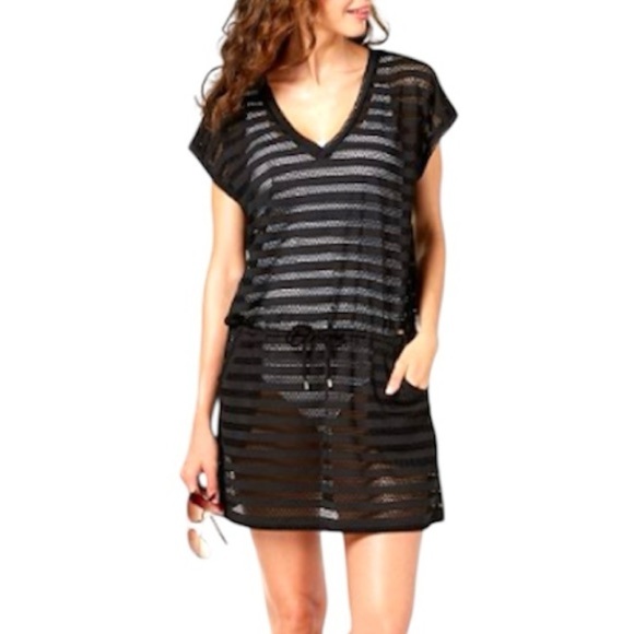 Calvin Klein Other - Calvin Klein Women Swimsuit Cover Up Open Knit Stripes Tunic Black Size Small